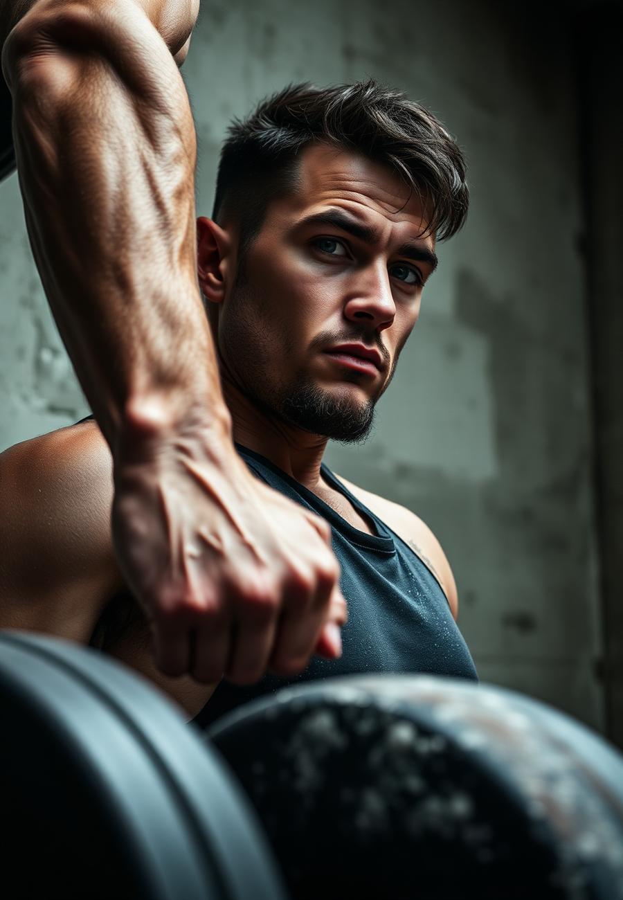 Close portrait of an athlete gripping a barbell