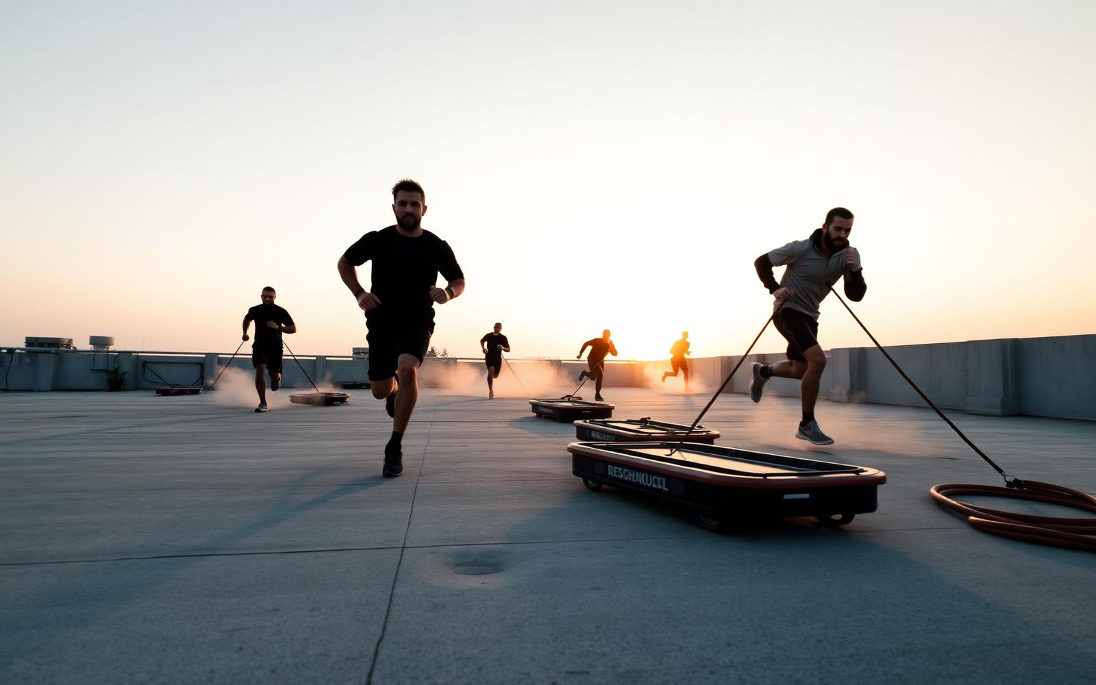 Training group moving together at sunrise on a rooftop