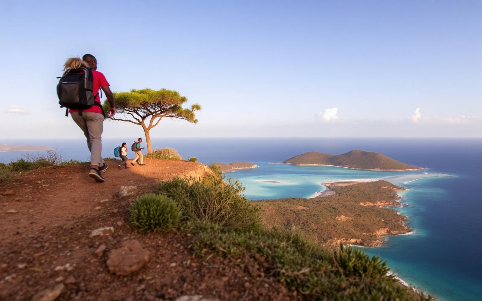 Travellers hiking a coastal ridge above a turquoise bay