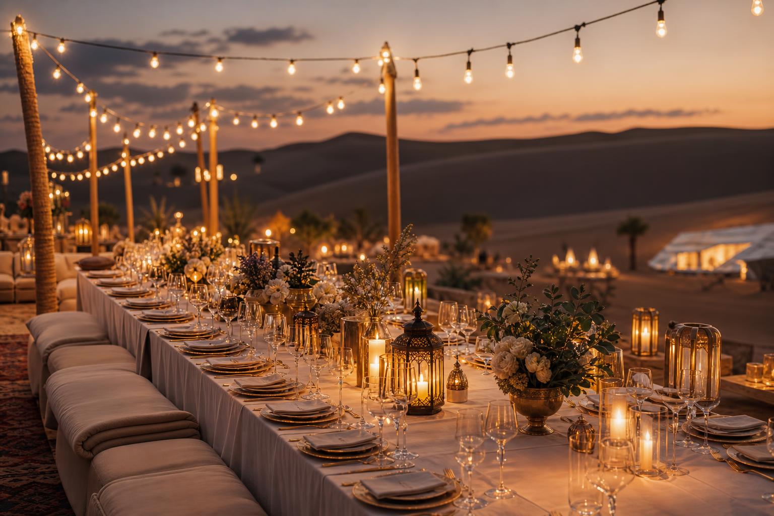 Warm string lights above a desert event