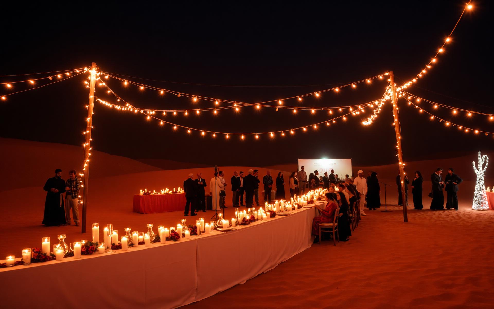 Warm string lights above a desert event