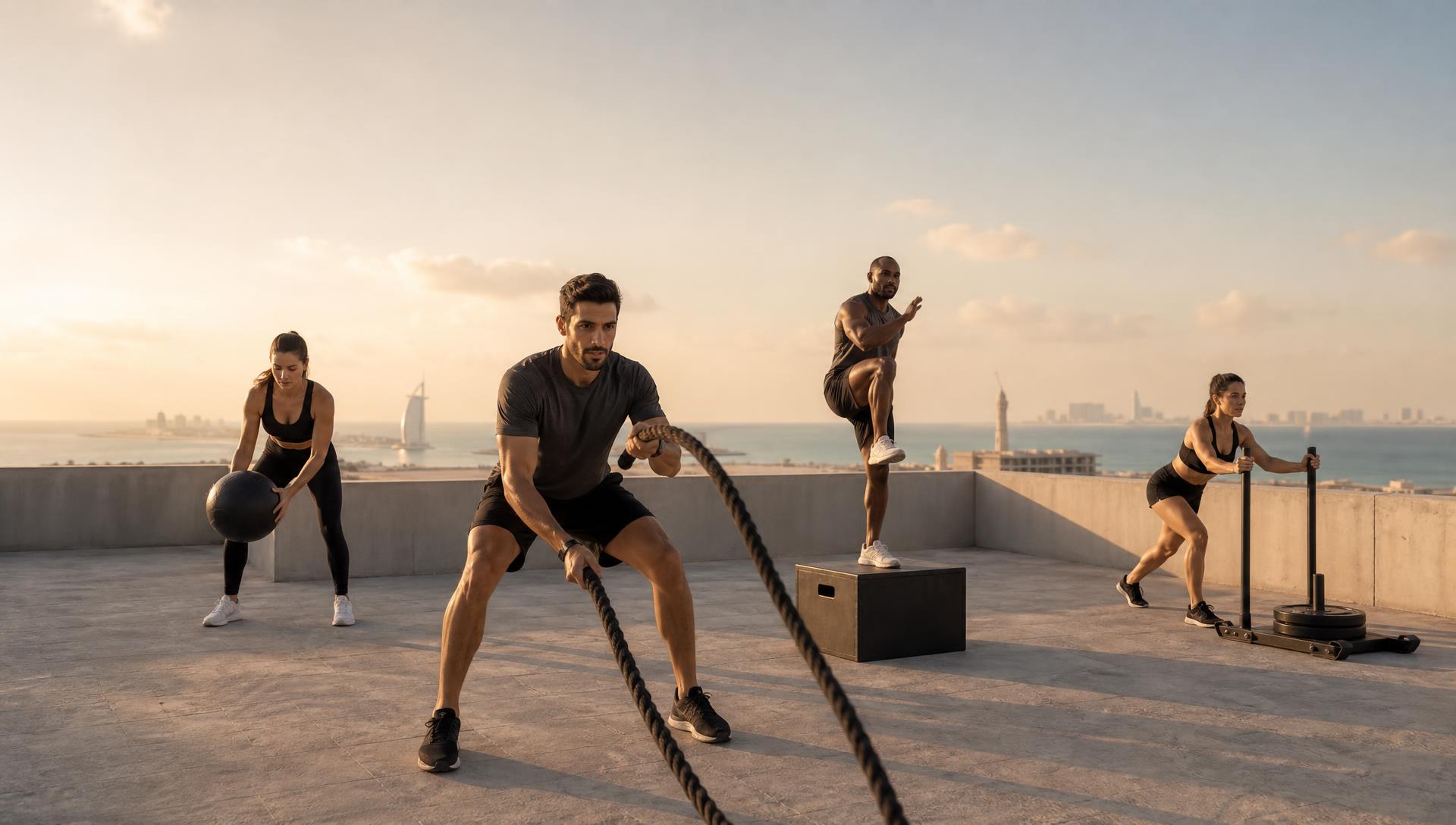 Athletes training together at sunrise on a Dubai rooftop