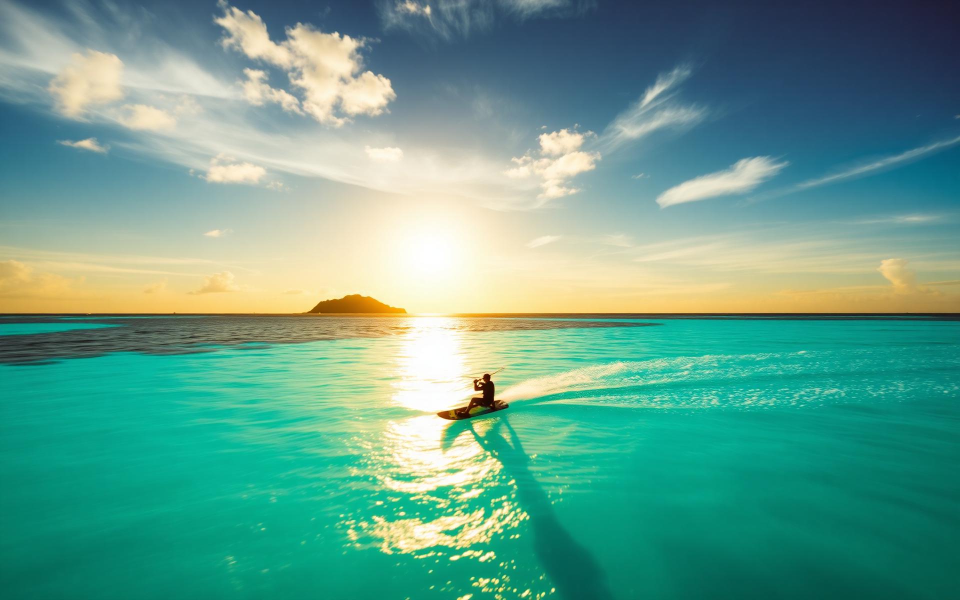 Kitesurfer crossing turquoise ocean at golden hour